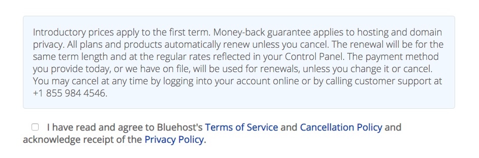 Bluehost sign-up notification with checkbox to agree to Terms and Privacy Policy