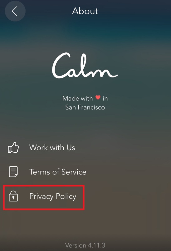 Calm app About screen with Privacy Policy highlighted