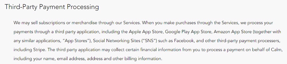 Calm Privacy Policy: Third-Party Payment Processing clause