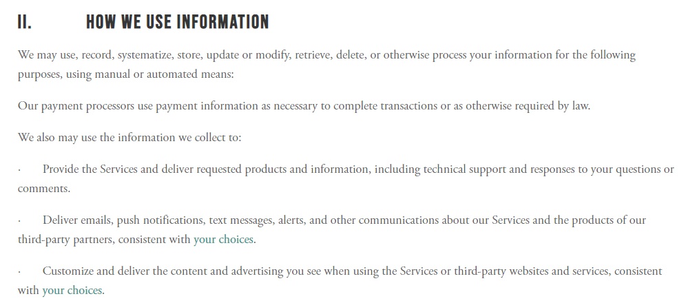 Choices Privacy Policy: How we use information clause excerpt