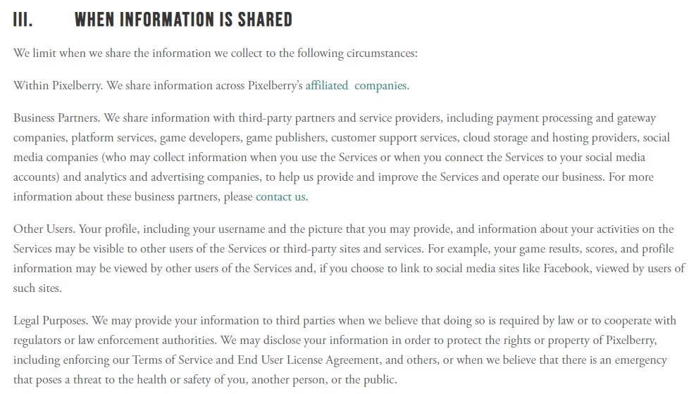 Choices Privacy Policy: When information is shared clause excerpt