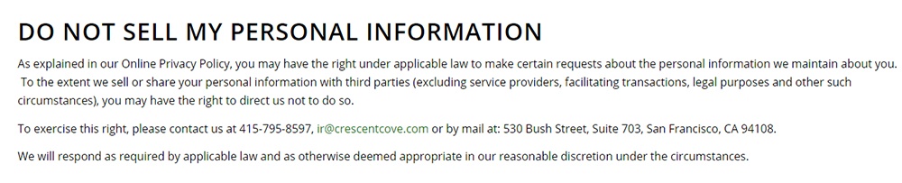 Screenshot of Crescent Cove Do Not Sell My Personal Information page