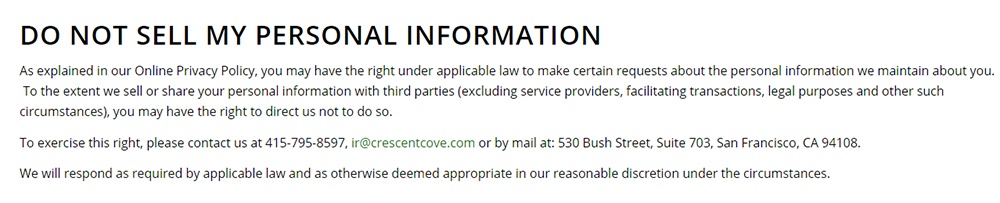 Screenshot of Crescent Cove Do Not Sell My Personal Information page