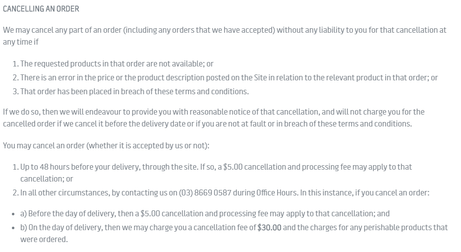 Dineamic Terms and Conditions: Cancelling and Order clause