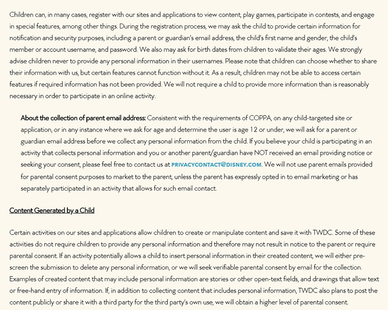 Disney Children&#039;s Online Privacy Policy: Excerpt of Information collected and used clause