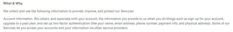 Dropbox Privacy Policy: Account information excerpt of What and Why information is collected clause