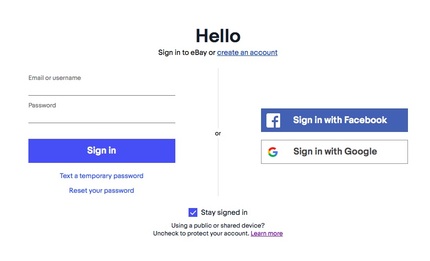 Screenshot of eBay sign in page