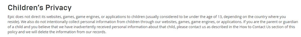Epic Games Privacy Policy: Childrens Privacy clause