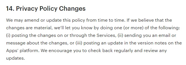 Etsy Privacy Policy: Changes clause