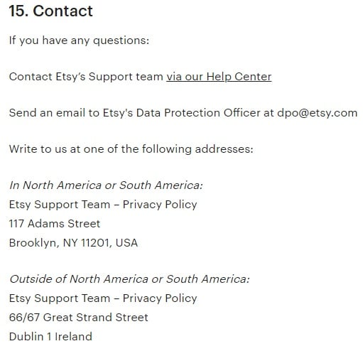 Etsy Privacy Policy: Contact clause