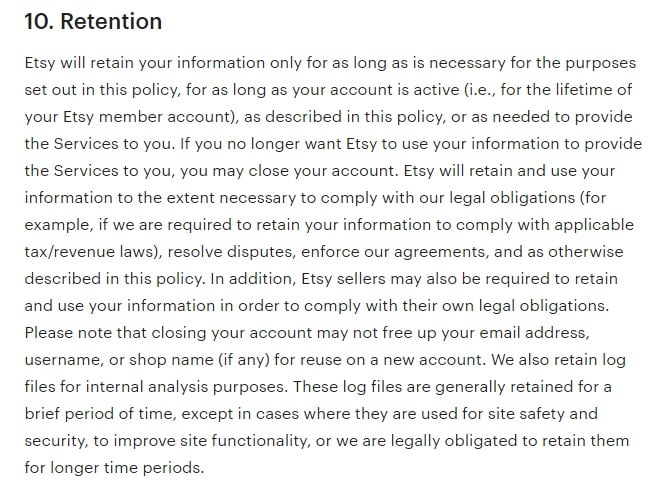 Etsy Privacy Policy: Data Retention clause