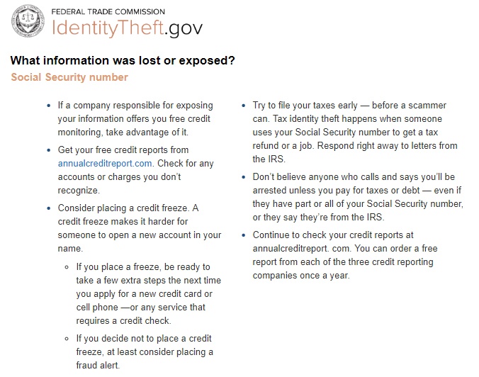 FTC Identity Theft data breach recommendations tips list