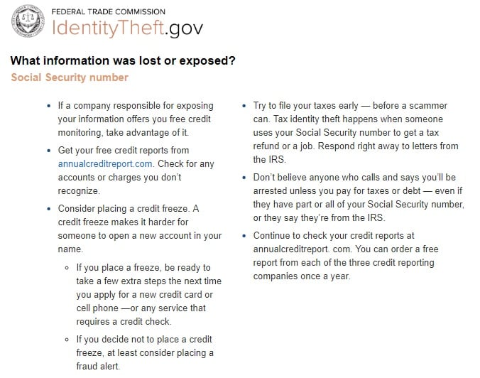 FTC Identity Theft data breach recommendations tips list