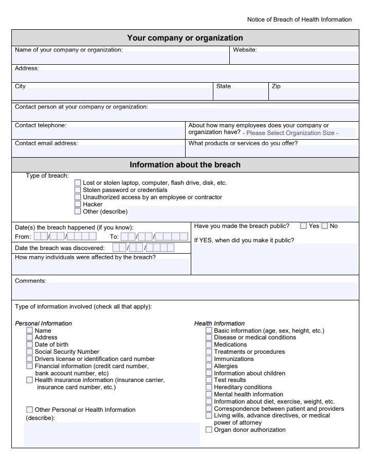 FTC Notice of Breach of Health Information form page 1