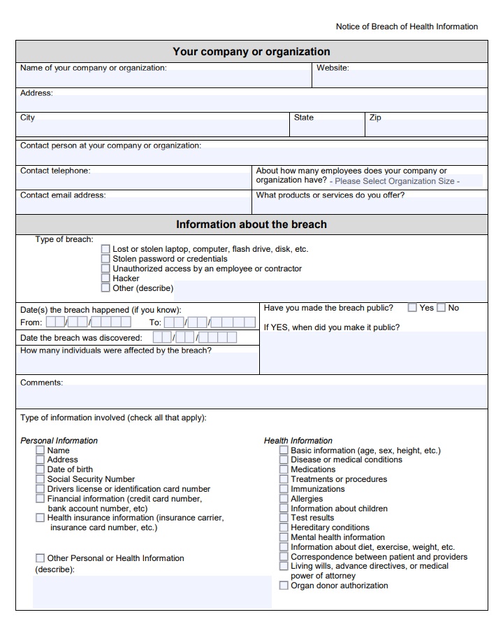 FTC Notice of Breach of Health Information form page 1