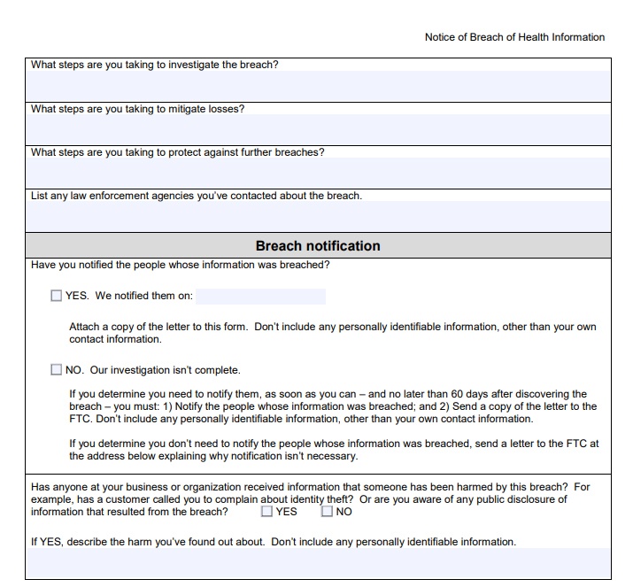 FTC Notice of Breach of Health Information form page 2