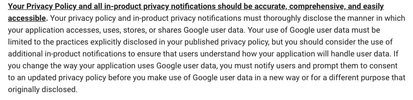 Google API Services User Data Policy: Accurate, comprehensive and accessible requirement clause