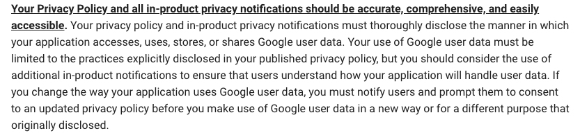 Google API Services User Data Policy: Accurate, comprehensive and accessible requirement clause