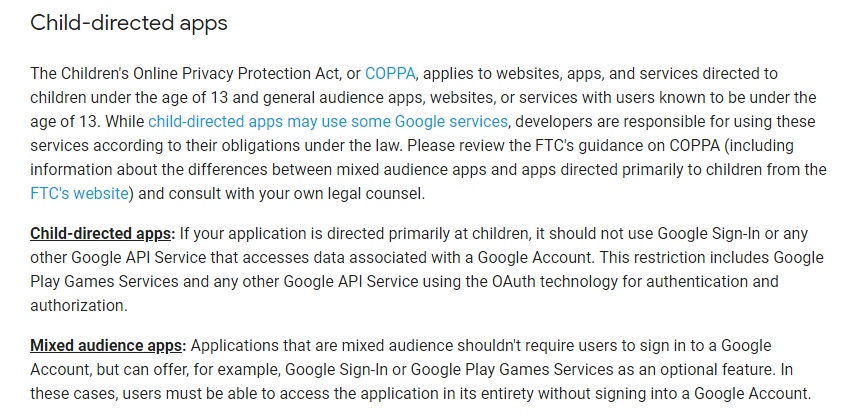 Google API User Data Policy: Child-directed apps - COPPA requirements section