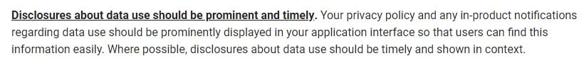 Google API User Data Policy: Prominent and timely disclosure requirement section