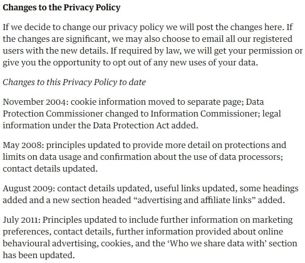 The Guardian Privacy Policy: Changes to this Privacy Policy clause excerpt