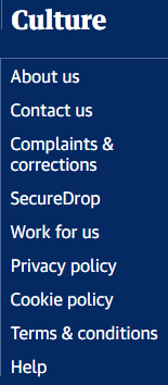 The Guardian UK website footer with links