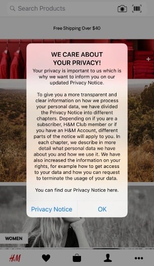 H and M mobile: Updated Privacy Notice pop-up