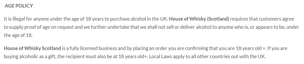 House of Whisky Terms and Conditions: Age Policy clause