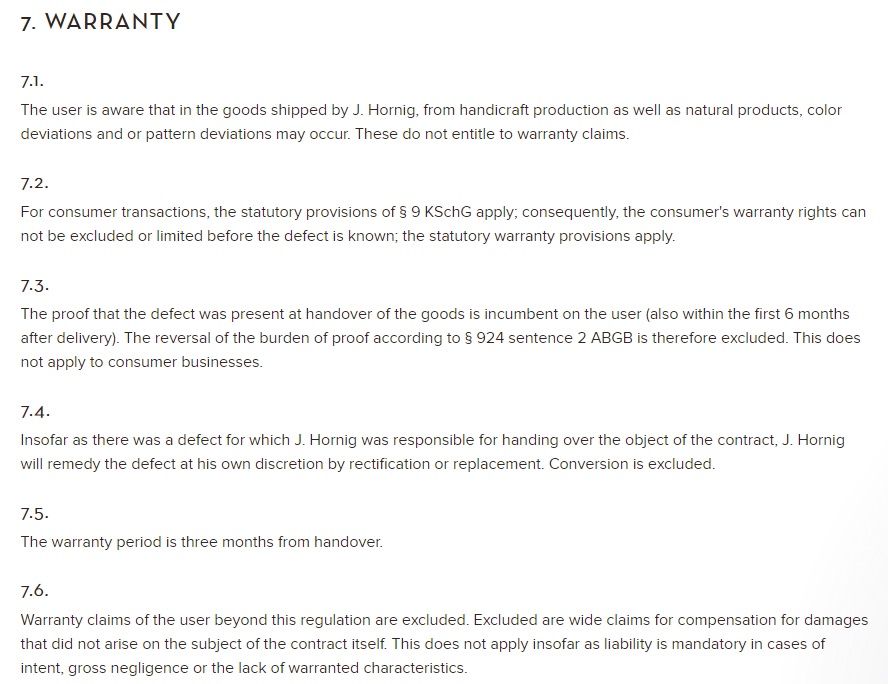 J Hornig Terms and Conditions: Excerpt of Warranty clause