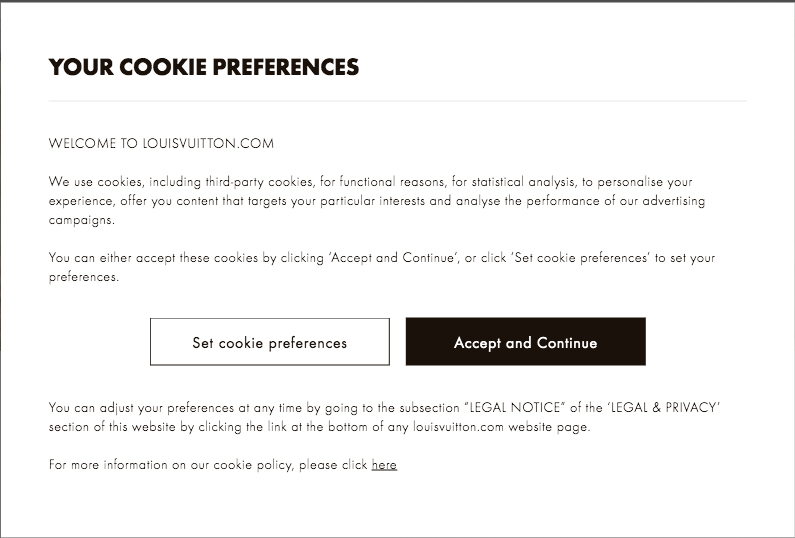 Louis Vuitton Cookie Consent Notice