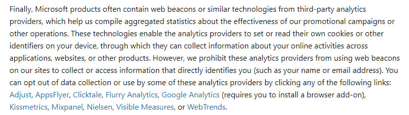 Microsoft Privacy Statement: Web beacons and third party analytics clause