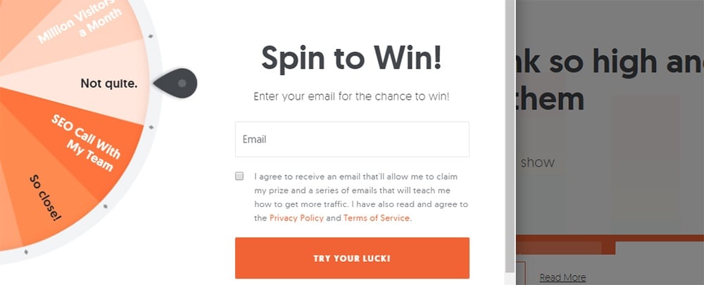 Neil Patel Spin to Win Pop-up: Email address field with checkbox to agree