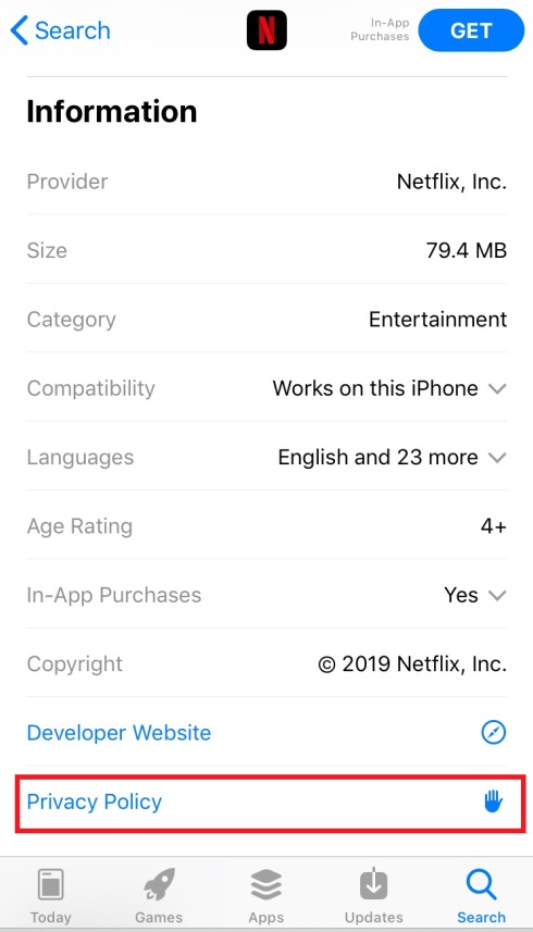 Netflix iOS app store listing: Privacy Policy link highlighted