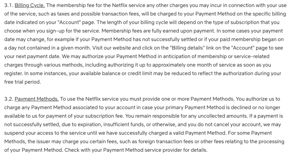 Netflix Terms of Use: Billing Cycle and Payment Methods clauses