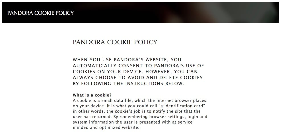 Screenshot of Pandora Cookie Policy intro section