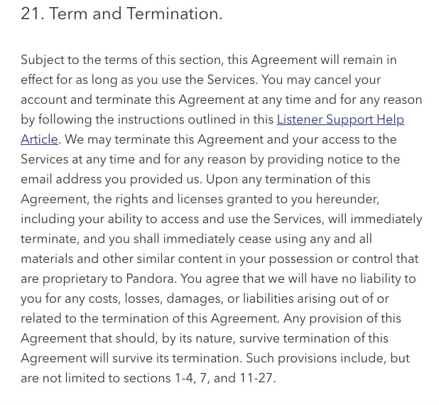 Pandora Services Terms of Use: Term and Termination clause