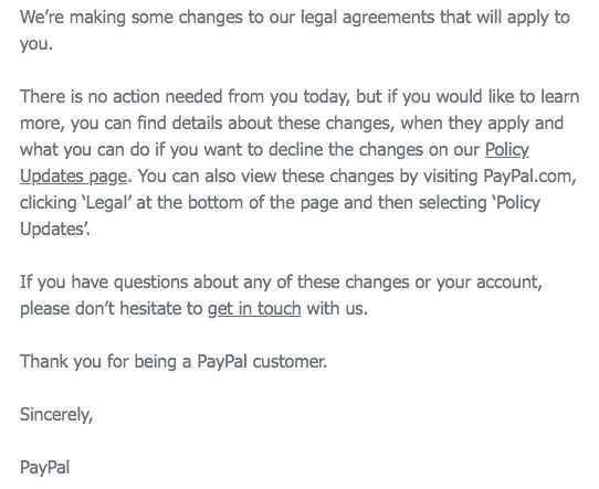 PayPal email for Privacy Policy updates