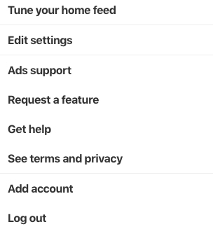 Screenshot of Pinterest side menu links