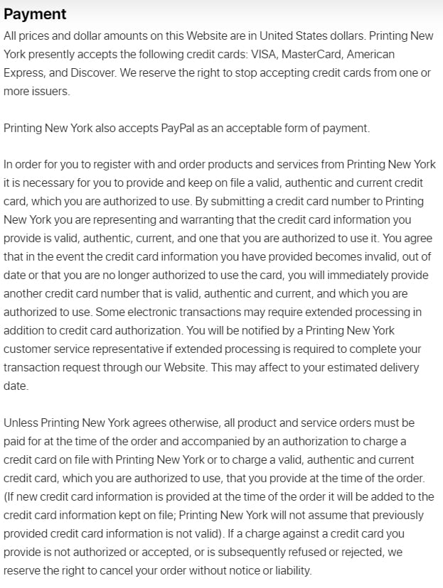 PrintingNewYork Terms and Conditions: Payment clause