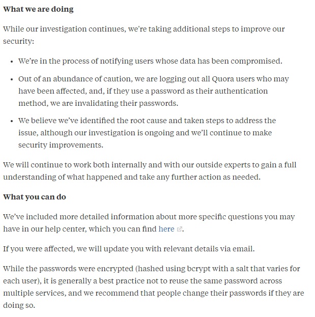 Quora Security Update: Data breach response and suggested user actions section