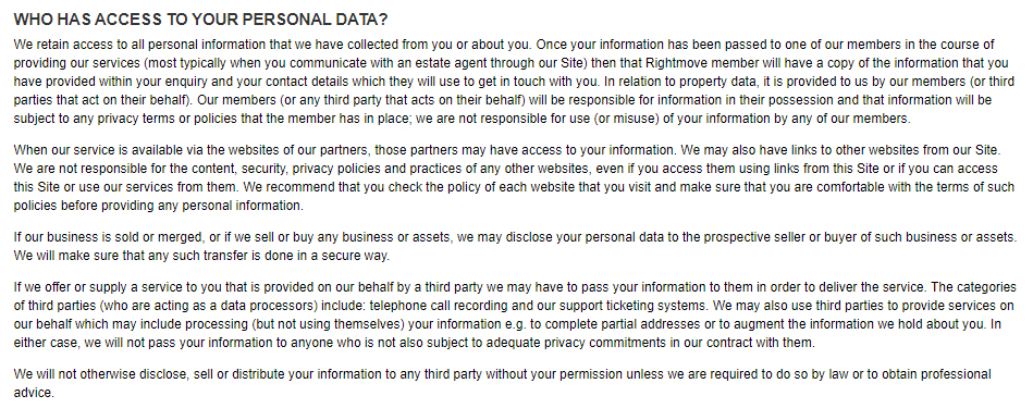 Rightmove Privacy Policy: Third party - Who has access to your personal data clause