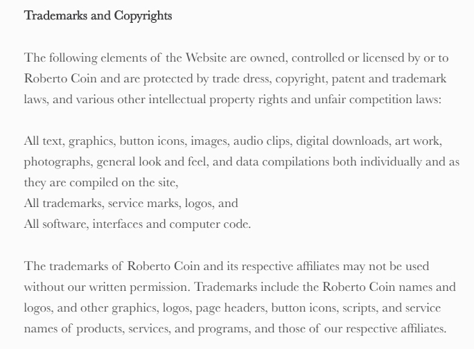 Roberto Coin Terms of Use: Trademarks and Copyrights clause