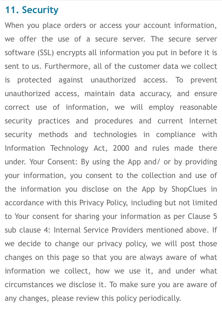 ShopClues Privacy Policy: Security clause