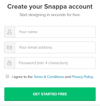 Snappa Create Account form with checkbox to agree