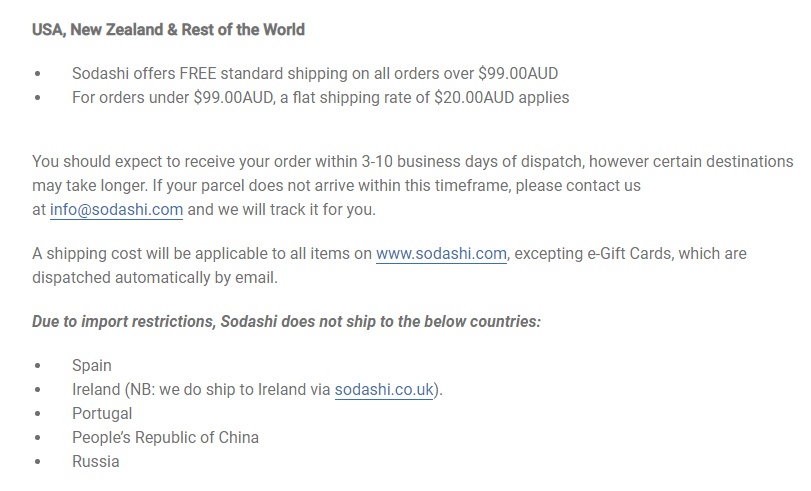 Sodashi Shipping and Guarantees Policy: International shipping clause excerpt