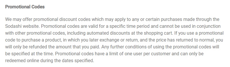 Sodashi Terms and Conditions: Promotional Codes clause