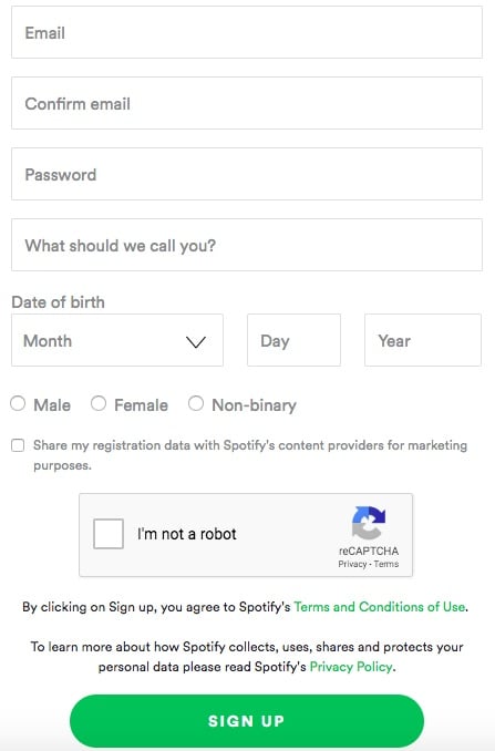 Spotify sign-up form