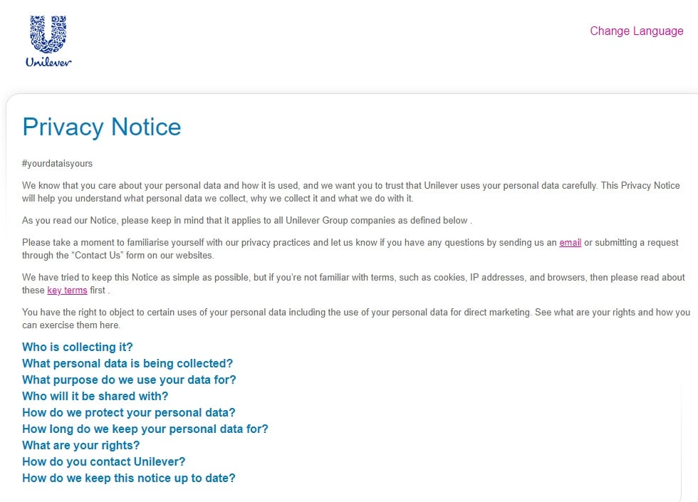 Screenshot of Unilever Privacy Notice main page