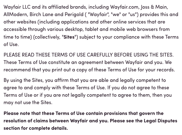 Wayfair Terms of Use: Intro clause