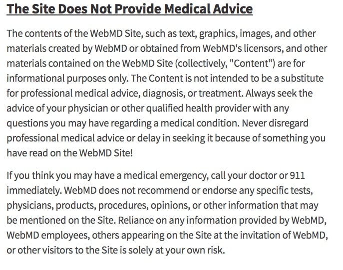 WebMD Terms and Conditions: Medical advice disclaimer